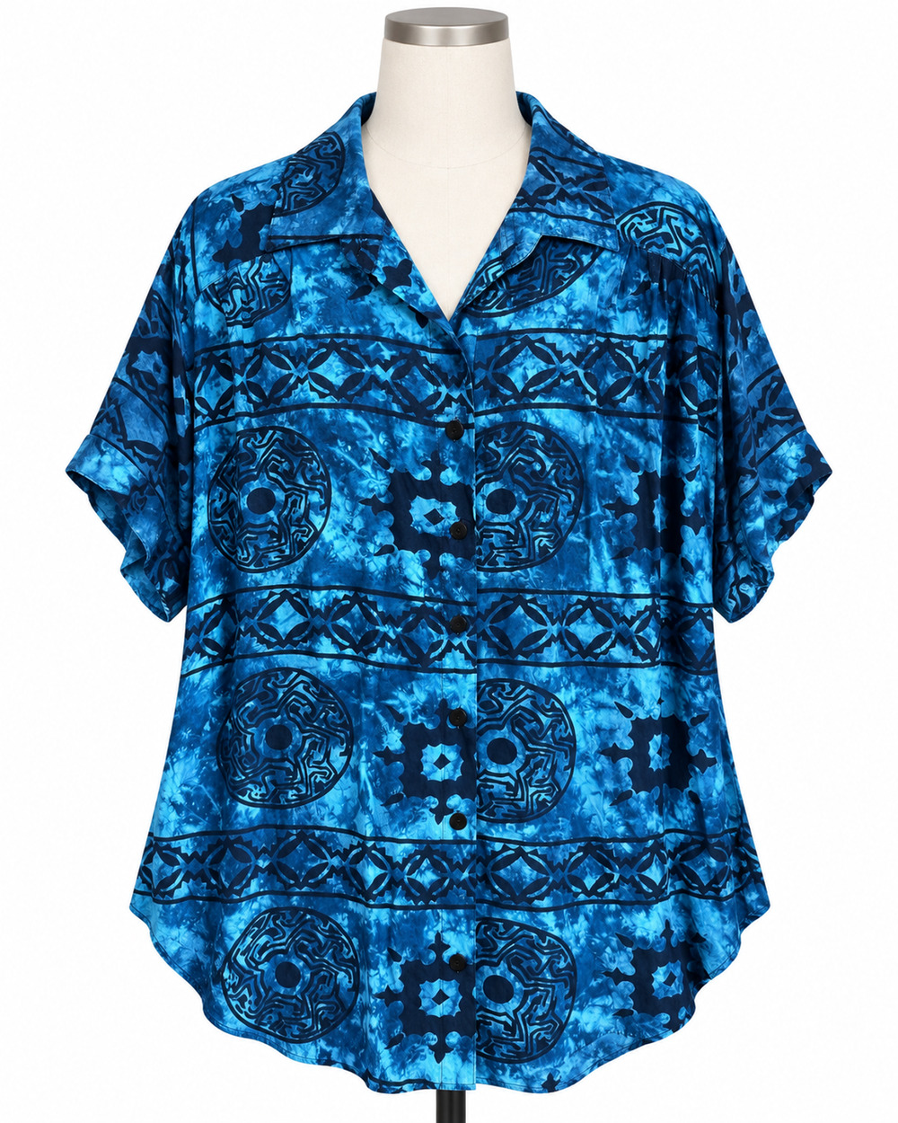 Vintage We Be Bop Women's 1X Plus Blue Hawaiian Camp Shirt Polynesian Print